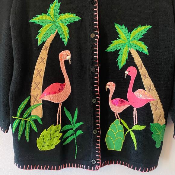 The Quacker Factory Black Knit Flamingo Sequin Tropical Cardigan Sweater 2XL - Picture 5 of 9